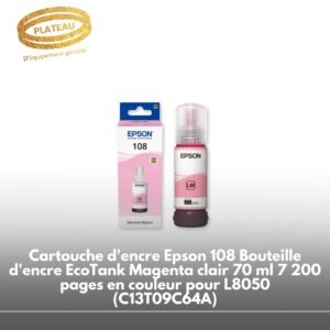 Cartouche d'encre Epson 108 Bouteille d'encre EcoTank Magenta clair 70 ml 7 200 pages en couleur pour L8050 (C13T09C64A)