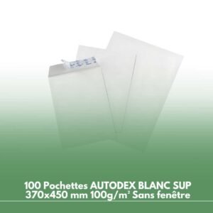 100 Pochettes AUTODEX BLANC SUP 370x450 mm 100g/m² Sans fenêtre