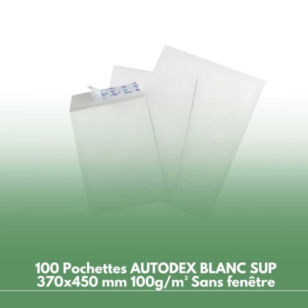 100 Pochettes AUTODEX BLANC SUP 370x450 mm 100g/m² Sans fenêtre