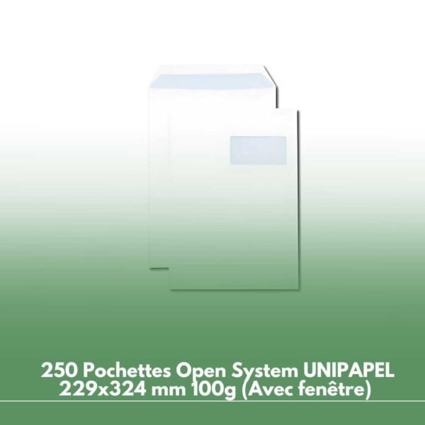 250 Pochettes Open System UNIPAPEL 229x324 mm 100g (Avec fenêtre)