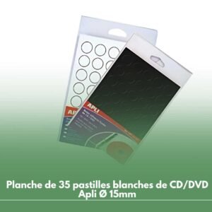 Planche de 35 pastilles blanches de CD/DVD Apli Ø 15mm