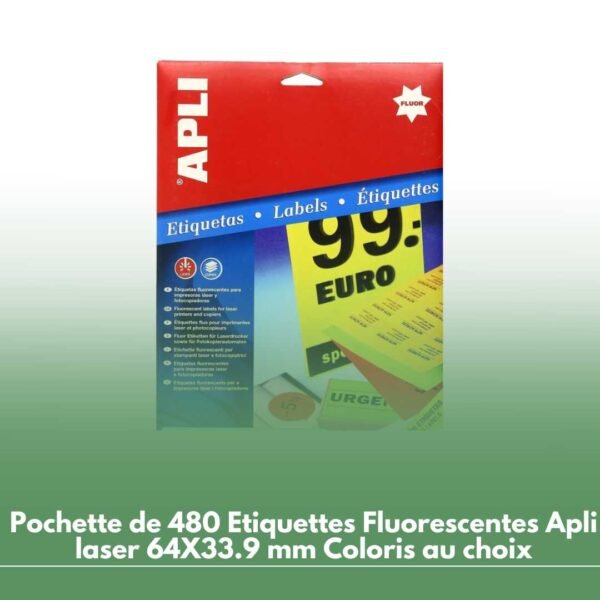 Pochette de 480 Etiquettes Fluorescentes Apli laser 64X33.9 mm Coloris au choix