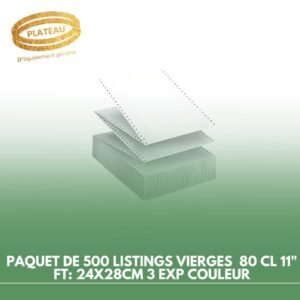 PAQUET DE 500 LISTINGS VIERGES AUTOCOPIANTS 80 CL 11" FT: 24X28CM 3 EXP COULEUR