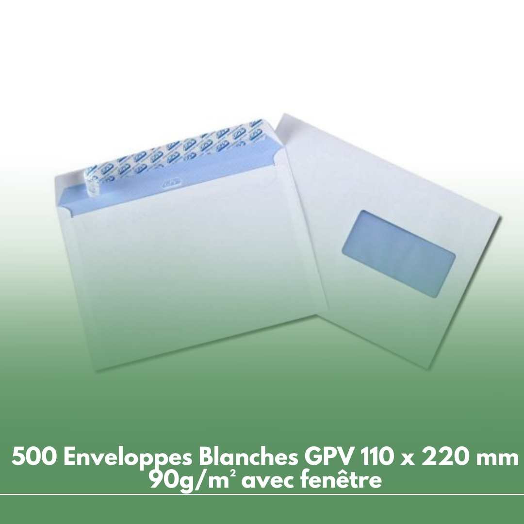 500 Enveloppes Blanches GPV 110 x 220 mm 90g/m² avec fenêtre