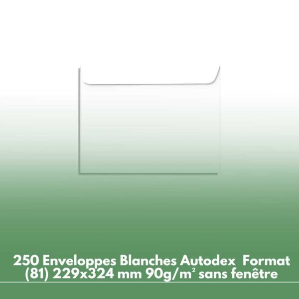 250 Enveloppes Blanches Autodex UNIPAPEL Format (81) 229x324 mm 90g/m² sans fenêtre