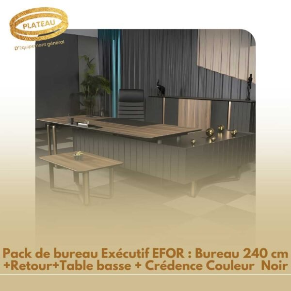 Pack de bureau Exécutif EFOR : Bureau 240 cm + Retour + Table basse + Crédence Couleur Tesbih Noir – Image 2