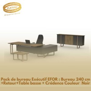 Pack de bureau Exécutif EFOR : Bureau 240 cm + Retour + Table basse + Crédence Couleur Tesbih Noir