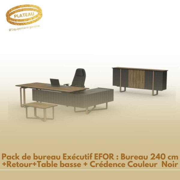 Pack de bureau Exécutif EFOR : Bureau 240 cm + Retour + Table basse + Crédence Couleur Tesbih Noir