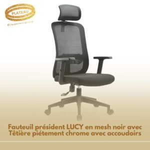 Fauteuil président LUCY en mesh noir avec Têtière piétement chrome avec accoudoirs