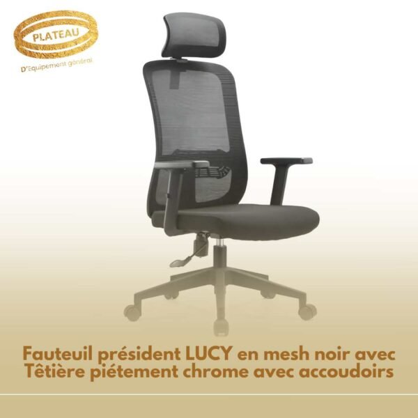 Fauteuil président LUCY en mesh noir avec Têtière piétement chrome avec accoudoirs
