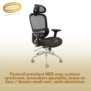 Fauteuil président NEO avec système synchrone, accoudoirs ajustable, assise en tissu / dossier mesh noir, socle aluminium