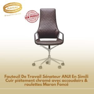 Fauteuil De Travail Sénateur ANJI En Simili Cuir piétement chromé avec accoudoirs & roulettes Maron Foncé