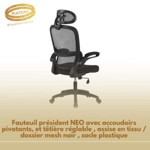 Fauteuil président NEO avec accoudoirs pivotants, et têtière réglable , assise en tissu / dossier mesh noir , socle plastique