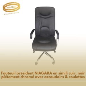 Fauteuil président NIAGARA en simili cuir, noir piétement chromé avec accoudoirs & roulettes