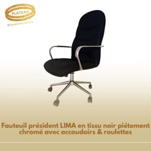 Fauteuil président LIMA en tissu noir piétement chromé avec accoudoirs & roulettes