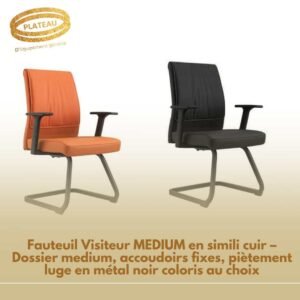 Fauteuil Visiteur MEDIUM en simili cuir – Dossier medium, accoudoirs fixes, piètement luge en métal noir coloris au choix