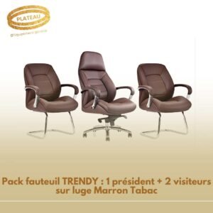 Pack fauteuil TRENDY : 1 président + 2 visiteurs sur luge Marron Tabac