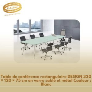 Table de conférence rectangulaire DESIGN 320 × 120 × 75 cm en verre sablé et métal Couleur : Blanc
