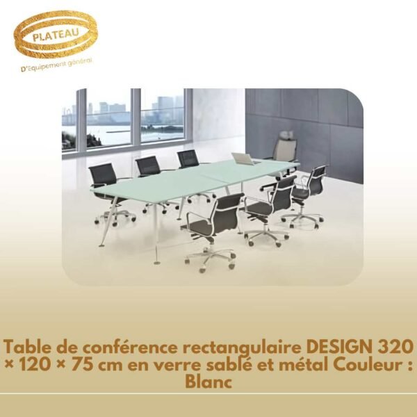 Table de conférence rectangulaire DESIGN 320 × 120 × 75 cm en verre sablé et métal Couleur : Blanc