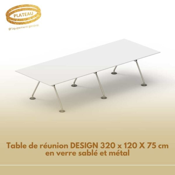 Table de réunion DESIGN 320 x 120 X 75 cm en verre sablé et métal