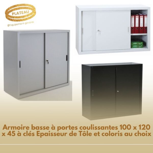 Armoire basse à portes coulissantes 100 x 120 x 45 à clés Epaisseur de Tôle et coloris au choix