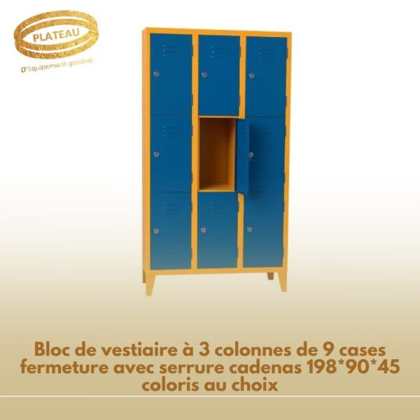 Bloc de vestiaire à 3 colonnes de 9 cases fermeture avec serrure cadenas 198*90*45 coloris au choix
