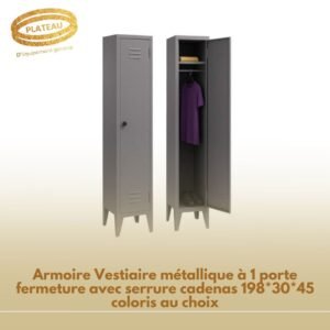 Armoire Vestiaire métallique à 1 porte fermeture avec serrure cadenas 198*30*45 coloris au choix