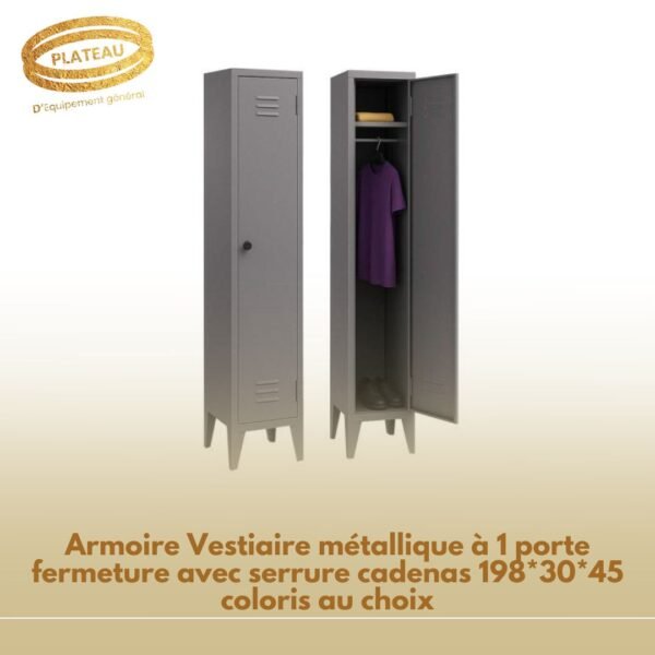Armoire Vestiaire métallique à 1 porte fermeture avec serrure cadenas 198*30*45 coloris au choix