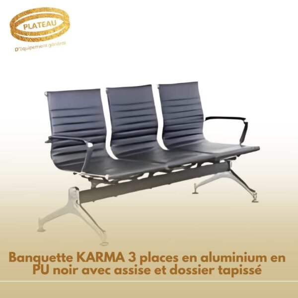 Banquette KARMA 3 places en aluminium en PU noir avec assise et dossier tapissé