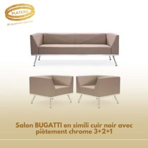 Salon BUGATTI en simili cuir noir avec piètement chrome 3+2+1