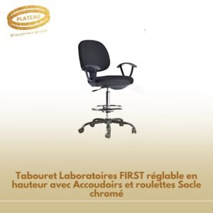 Tabouret Laboratoires FIRST réglable en hauteur avec Accoudoirs et roulettes Socle chromé