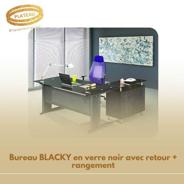 Bureau BLACKY en verre noir avec retour + rangement