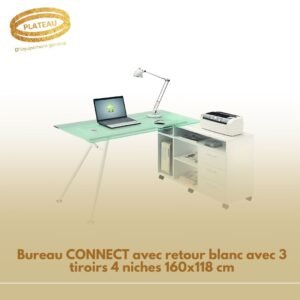 Bureau CONNECT avec retour blanc avec 3 tiroirs 4 niches 160x118 cm