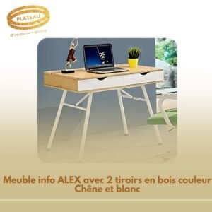 Meuble info ALEX avec 2 tiroirs en bois couleur Chêne et blanc
