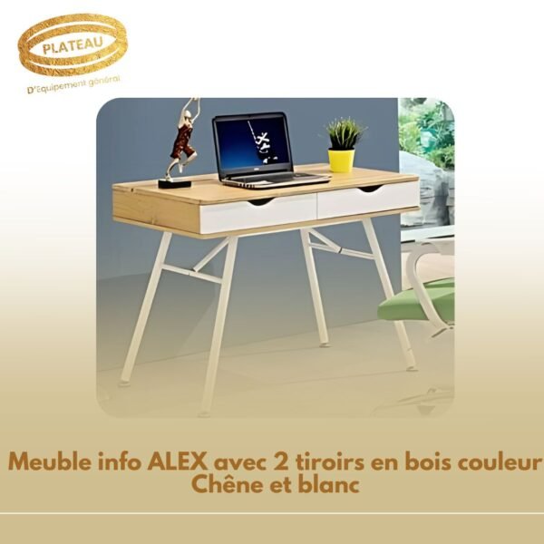 Meuble info ALEX avec 2 tiroirs en bois couleur Chêne et blanc