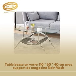 Table basse en verre 110 * 60 * 40 cm avec support de magazine Noir Mesh