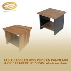 TABLE BASSE EN BOIS PIEDS EN PANNEAUX AVEC 1 ETAGÈRE 50*50*45 coloris au choix