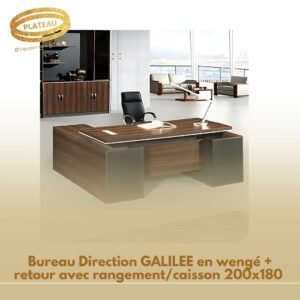 Bureau Direction GALILEE en wengé + retour avec rangement et caisson 200x180 cm
