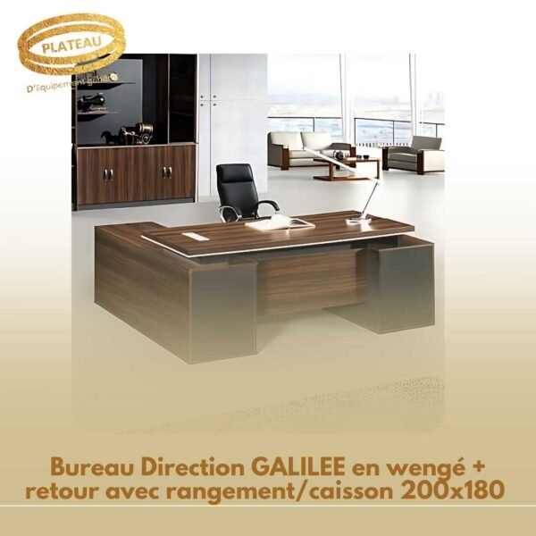 Bureau Direction GALILEE en wengé + retour avec rangement et caisson 200x180 cm