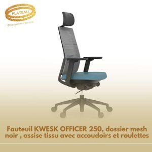 Fauteuil KWESK OFFICER 250, dossier mesh noir , assise tissu avec accoudoirs et roulettes