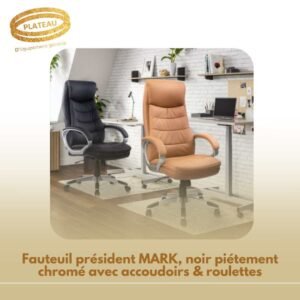 Fauteuil président MARK, noir piétement chromé avec accoudoirs & roulettes